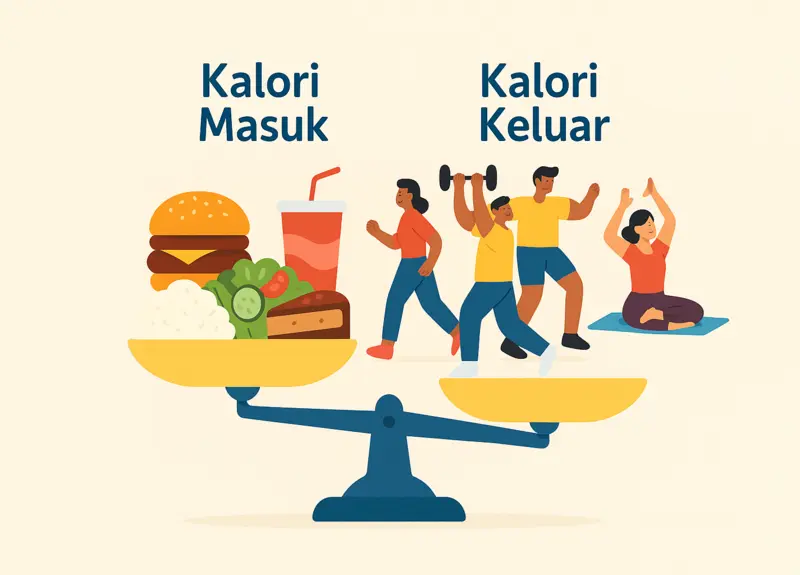 Ilustrasi timbangan energi dengan kalori masuk berupa makanan dan kalori keluar berupa aktivitas fisik
