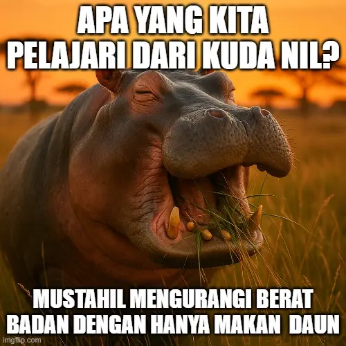 Pelajaran dari kuda nil tentang cara diet yang benar Meme kuda nil dengan tulisan ‘Mustahil Mengurangi Berat Badan dengan Hanya Makan Daun’ sebagai sindiran tentang miskonsepsi diet ekstrem.
