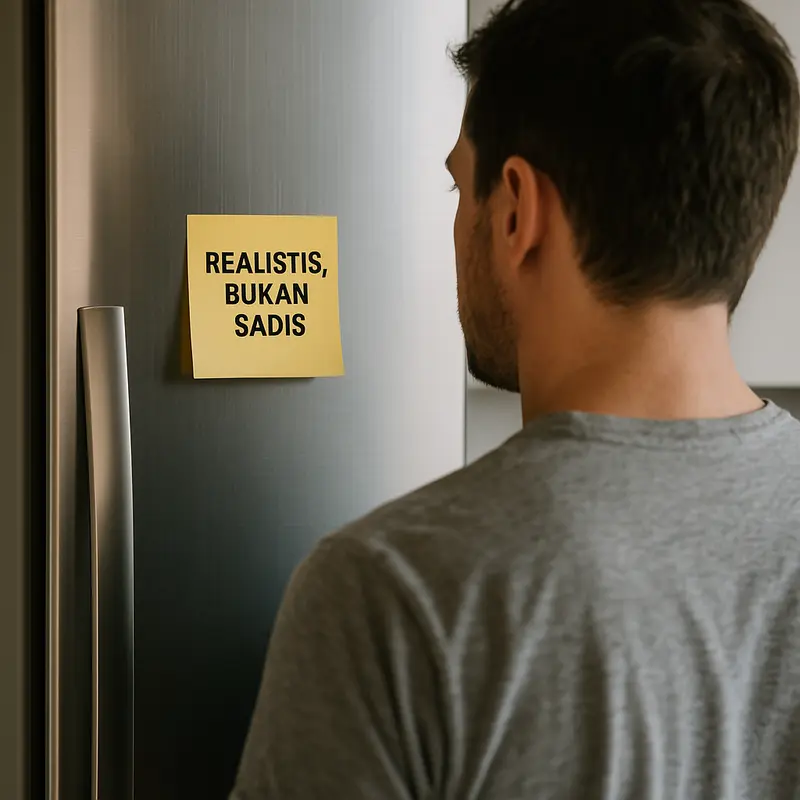 Seorang pria melihat sticky note bertuliskan “Realistis, bukan sadis” yang tertempel di pintu kulkas
