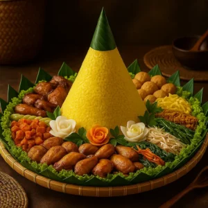 Hidangan tumpeng nasi kuning lengkap dengan lauk tradisional khas Indonesia